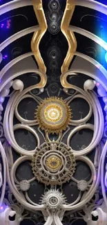 Abstract wallpaper with intricate gear and metallic design.