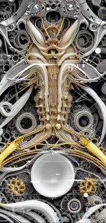 Intricate mechanical abstract art with gears and black, white, gold shades.