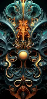 Intricate teal and orange abstract digital art on a black mobile wallpaper.