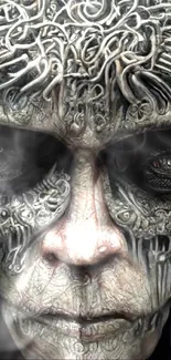 Intricate design of an alien face with complex textures and dark tones.