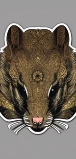 Detailed animal head with golden patterns on gray background.