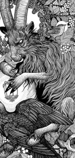 Black and white intricate ink drawing of mythical animals.