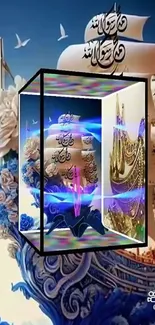 Arabic calligraphy with vibrant decor on mobile wallpaper.