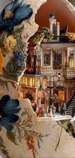 Miniature architectural scene inside a floral-decorated egg.