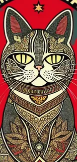 Intricate cat design on bold red background for mobile wallpaper.