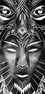 Intricate black and white tribal art wallpaper with abstract face.