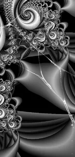 Intricate black and white abstract spiral design wallpaper.