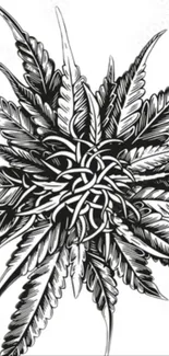 Intricate black and white leaf design wallpaper with an abstract style.