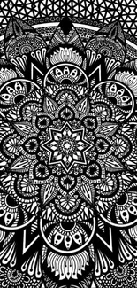 Intricate black and white mandala wallpaper design.