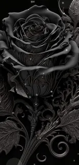 Intricate black rose with ornate leaves on dark background.