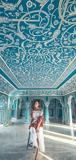 Intricate blue ceiling with ornate patterns and elegant design.