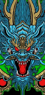 Blue dragon illustrated mobile wallpaper with intricate details.