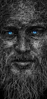 Intricate blue-eyed bearded face artwork in digital design.