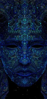 Intricate blue-faced artwork with dark patterns.