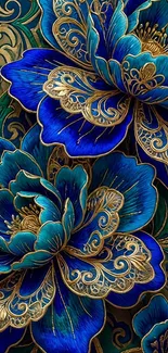 Intricate blue and gold floral design mobile wallpaper.
