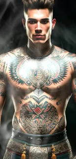 Intricate tattoo design on tattooed person's chest, vibrant colors displayed.