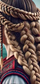 Intricate braided hair in traditional attire.