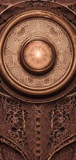 Intricate bronze art wallpaper with symmetrical design and ornate details.