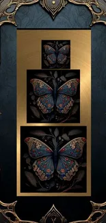 Intricate butterfly art with gold frame.