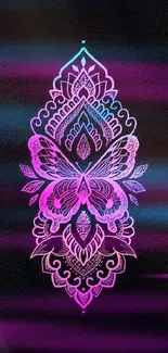 Intricate butterfly mandala wallpaper with vibrant pink and blue colors on a dark background.