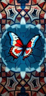 Intricate butterfly on a blue geometric background, vibrant mobile wallpaper.