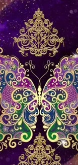 Intricate butterfly design on purple galaxy background.