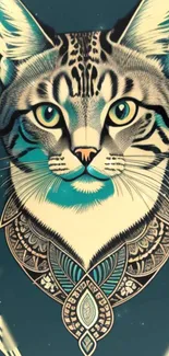 Intricate cat art wallpaper with teal hues.