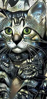 Artistic cat design with intricate patterns in dark golden hues.