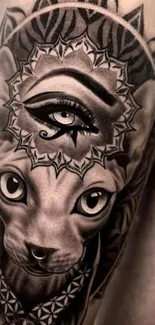 Intricate tattoo art featuring a mystical cat and spiritual elements in gray tones.