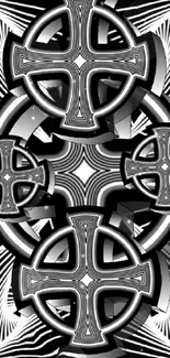 Black and white Celtic cross design wallpaper with intricate patterns.