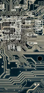 Intricate circuit board design in dark teal tones.