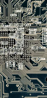 Intricate circuit board design mobile wallpaper in dark tones.