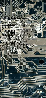 Intricate dark blue circuit board wallpaper design.