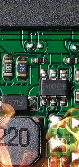 Close-up of a green circuit board with intricate electronic components.