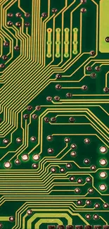 Green circuit board wallpaper with intricate yellow lines and solder points.