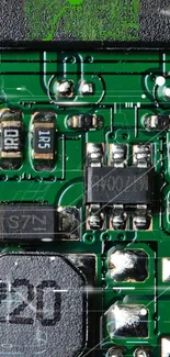 Green circuit board pattern featuring electronic components.