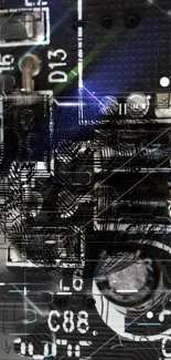 Intricate close-up of a mobile phone's circuit board, showcasing complex components.