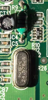 Close-up of a green circuit board with microchip components.