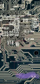 Intricate circuit board design with digital complexity.