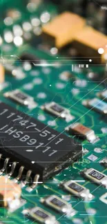 Close-up of a detailed circuit board with microchips.