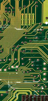 Intricate green circuit board wallpaper with golden patterns.