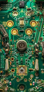 Intricate circuit board with green and gold components.