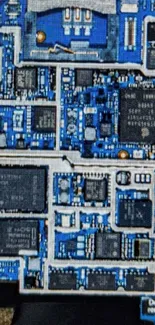 Close-up of a blue mobile phone circuit board, intricate and detailed view.