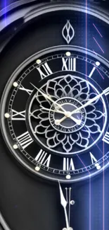 Intricate clock face design with Roman numerals on black background.