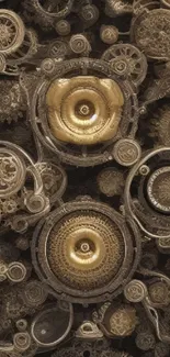 Intricate clockwork design with bronze gears and metallic patterns.