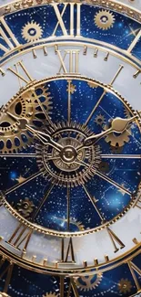 Intricate navy blue clock with gold gears.