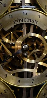 Close-up of intricate golden clock gears in a mechanical design wallpaper.