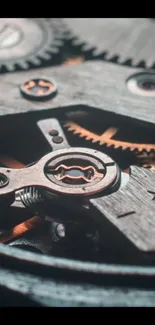 Close-up of vintage clockwork gears with a rustic brown finish.