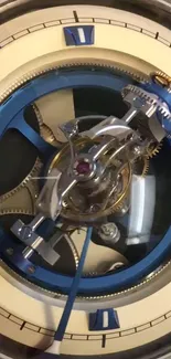 Intricate blue clockwork mechanism with detailed gears.