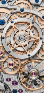 Intricate clockwork mechanism with detailed gears in copper and silver tones.